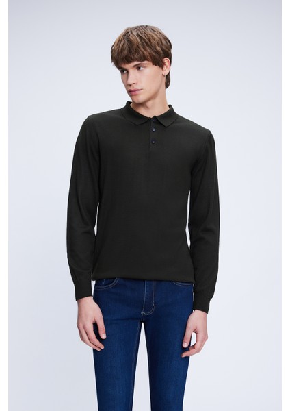 Haki Regular Fit Düz Polo Yaka Yünlü Triko Kazak