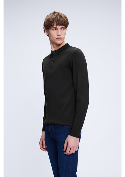 Haki Regular Fit Düz Polo Yaka Yünlü Triko Kazak modelleri