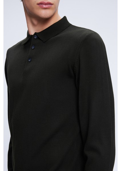 Haki Regular Fit Düz Polo Yaka Yünlü Triko Kazak fırsatları