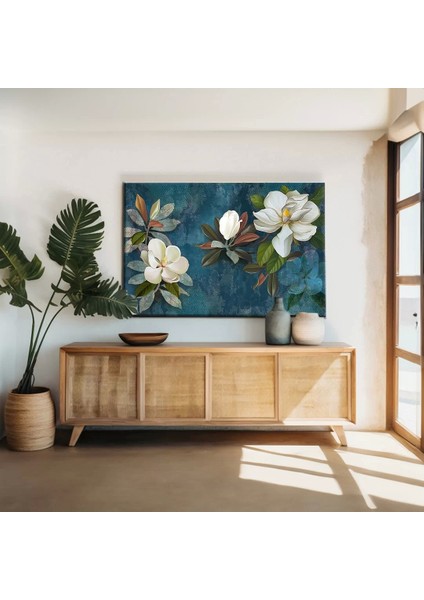 Lacivert Yapraklı Çiçekler Kanvas Tablo