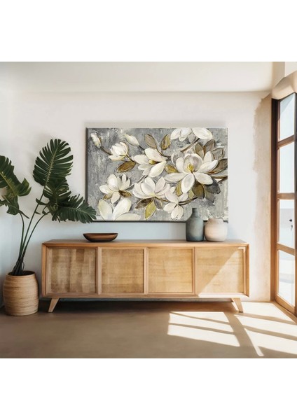 Beyaz ve Altın Çiçekler Kanvas Tablo