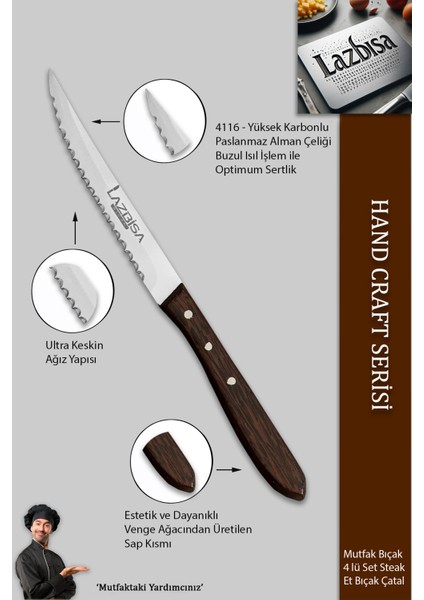 Hand Caft Serisi Steak Et Yemek Kahvaltı Çatalı 4 Lü Set Mutfak Bıçak Seti ( Mtf-063 )