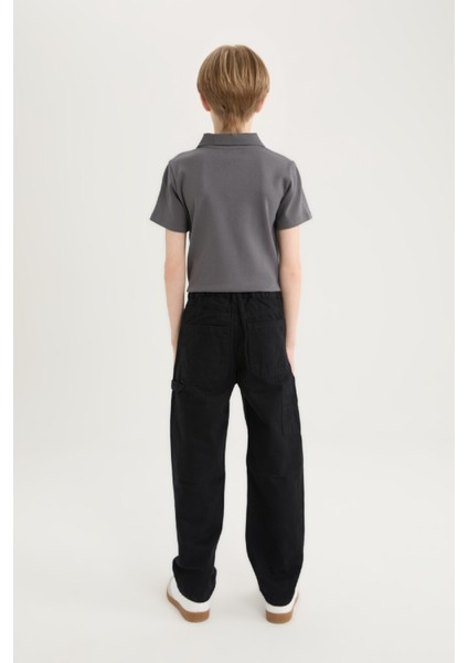 Erkek Çocuk Loose Fit Standart Paça Kargo Cepli Basic Düz Gabardin Siyah Pantolon C7580A824WN