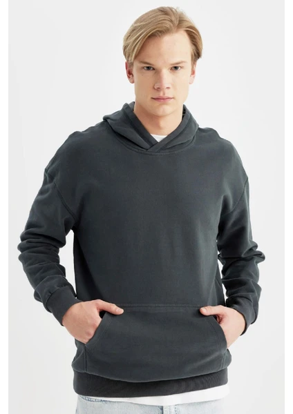 Comfort Regular Fit Rahat Kalıp Kapüşonlu Kanguru Cepli Basic Düz Sweatshirt B4446AX24SP