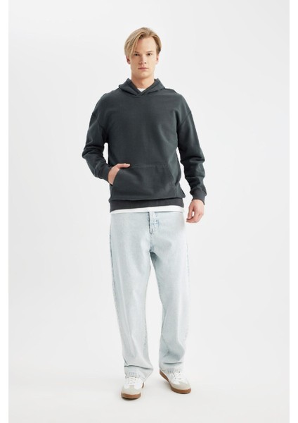 Comfort Regular Fit Rahat Kalıp Kapüşonlu Kanguru Cepli Basic Düz Sweatshirt B4446AX24SP