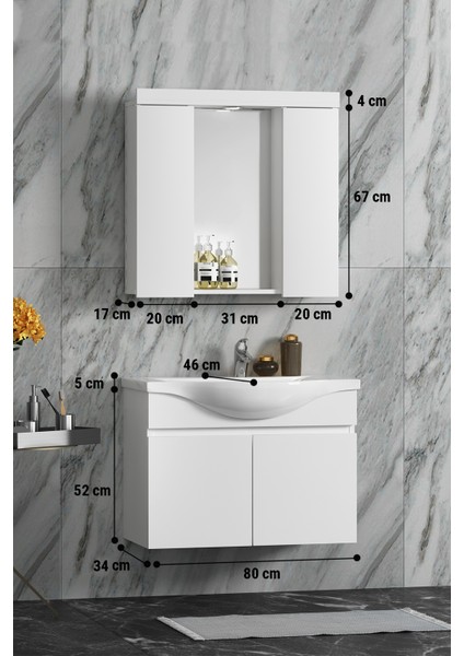 Yıldız Banyo Dolabı 80 cm Asma Beyaz Mdf