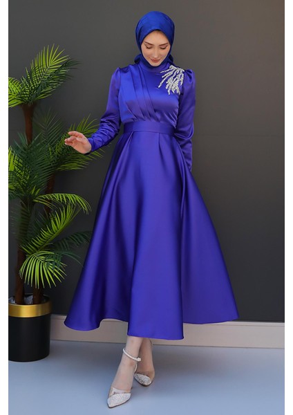 Omzu Taşlı Saten Abiye Koyu Indigo