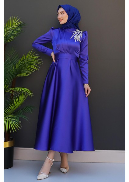 Omzu Taşlı Saten Abiye Koyu Indigo
