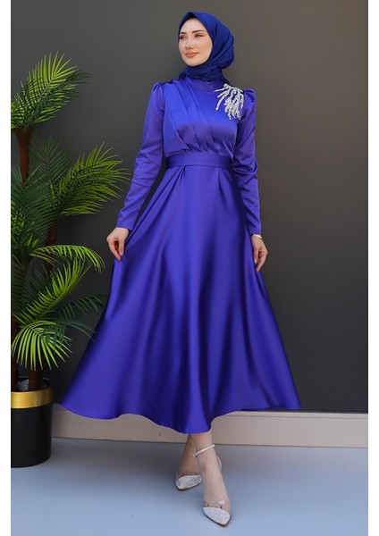 Omzu Taşlı Saten Abiye Koyu Indigo