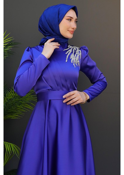 Omzu Taşlı Saten Abiye Koyu Indigo