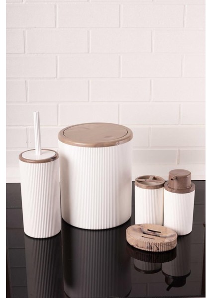 Lüks Mermer Desenli Çizgili Banyo Seti - 5’li Banyo Set Beyaz