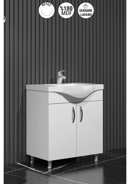 Yıldız Banyo Dolabı 65 cm Ayaklı Beyaz Mdf Alt Modül ve Lavabo