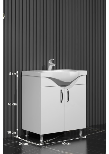 Yıldız Banyo Dolabı 65 cm Ayaklı Beyaz Mdf Alt Modül ve Lavabo
