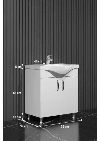 Yıldız Banyo Dolabı 55 cm Ayaklı Beyaz Mdf Alt Modül ve Lavabo