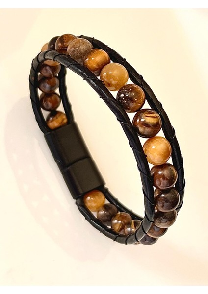 Kaplan Gözü Doğal Taş Çelik Hakiki Deri Erkek Bileklik 21 cm (Türk El Üretimi)