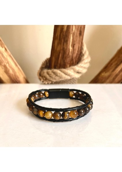 Kaplan Gözü Doğal Taş Çelik Hakiki Deri Erkek Bileklik 21 cm (Türk El Üretimi) modelleri