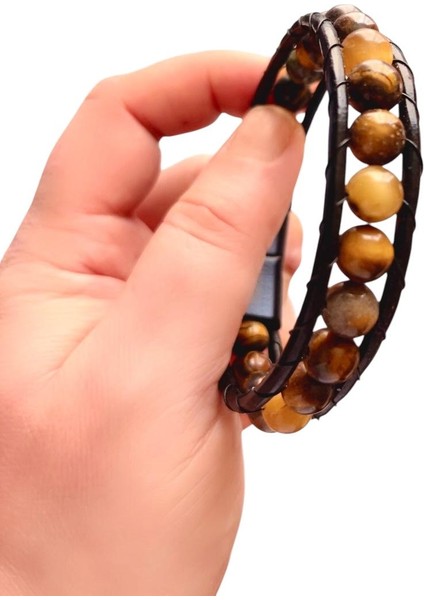 Kaplan Gözü Doğal Taş Çelik Hakiki Deri Erkek Bileklik 21 cm (Türk El Üretimi) fırsatları