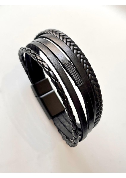 Deri 5li Kombin Erkek Bileklik Boyut Net 21 cm (Türk El Üretimi)