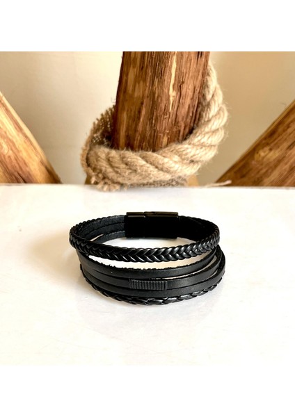 Deri 5li Kombin Erkek Bileklik Boyut Net 21 cm (Türk El Üretimi) modelleri