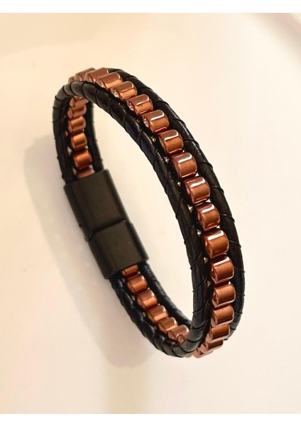 Deri ve Hematit Kombinli Erkek Bileklik Boyut Net 21CM (Türk El Üretimi)