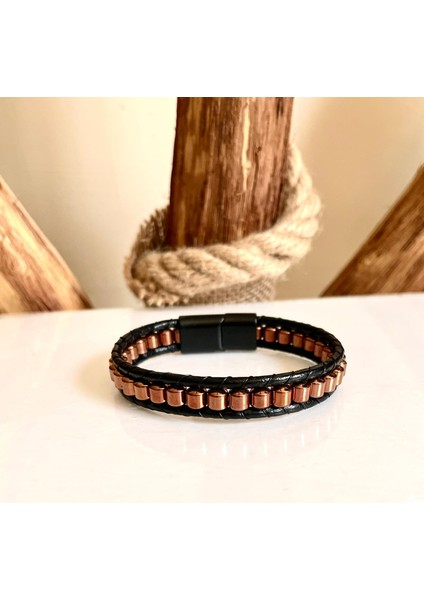 Deri ve Hematit Kombinli Erkek Bileklik Boyut Net 21CM (Türk El Üretimi) modelleri