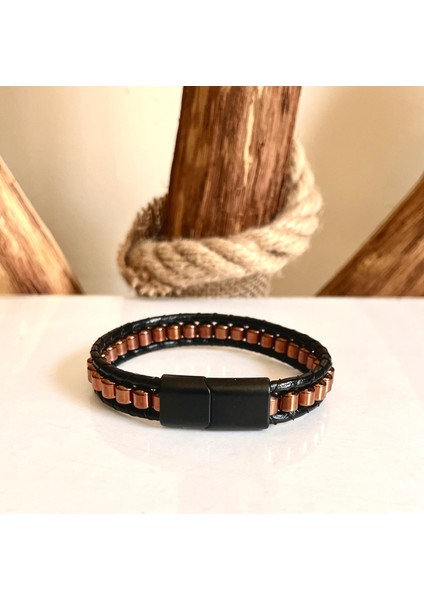 Deri ve Hematit Kombinli Erkek Bileklik Boyut Net 21CM (Türk El Üretimi) fırsatları
