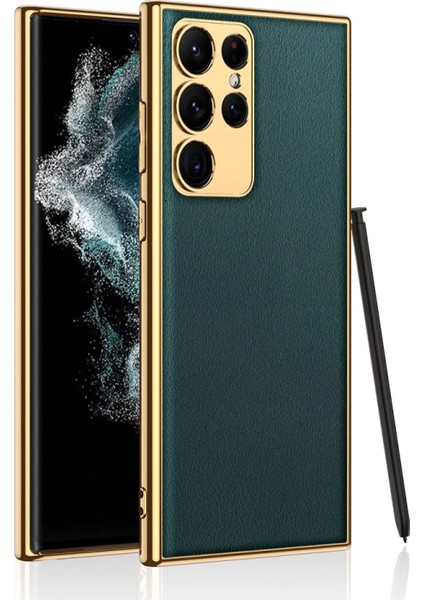Samsung Galaxy S23 Ultra Kılıf Deri Görünümlü Kenarları Elektroplating Kaplama Fizyon Kapak