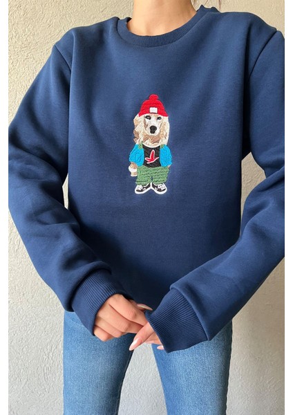 3 Iplik Köpek Motifli Nakış Işlemeli Kadın Sweatshirt