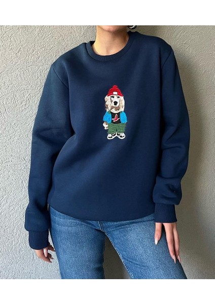 3 Iplik Köpek Motifli Nakış Işlemeli Kadın Sweatshirt fiyatları