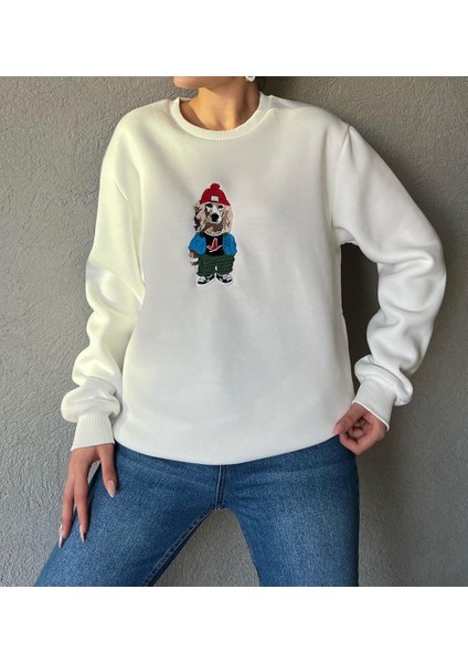 3 Iplik Köpek Motifli Nakış Işlemeli Kadın Sweatshirt