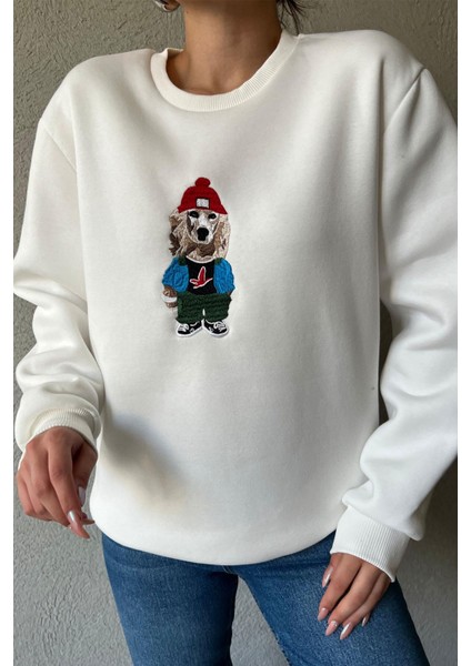 3 Iplik Köpek Motifli Nakış Işlemeli Kadın Sweatshirt fiyatları