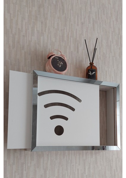 BEYAZ-FÜME30 x 40 x 7 cm Wifi Amblemli Duvara Asılabilir Sigorta ve Modem-Wifi Saklama Kutusu! Saklama Kutusu