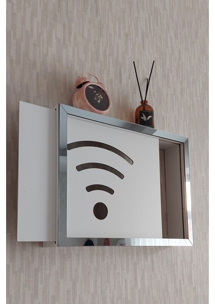 BEYAZ-FÜME30 x 40 x 7 cm Wifi Amblemli Duvara Asılabilir Sigorta ve Modem-Wifi Saklama Kutusu! Saklama Kutusu