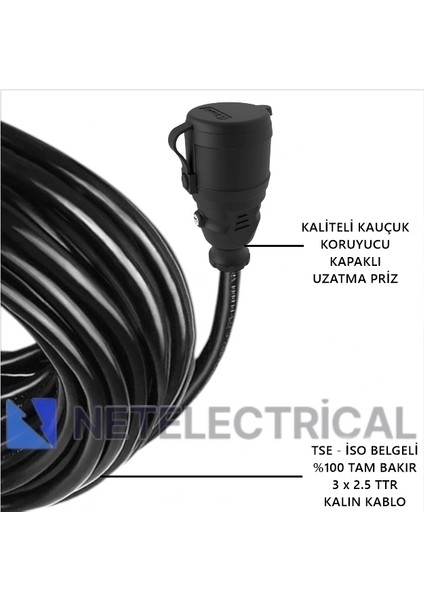 Kauçuk Tekli Seyyar Uzatma Kablosu - 3x2.5 Ttr Kalın Siyah Kablo - 4 Metre (Elektrikli Araç Şarjı ve Karavan İçi Kullanım)