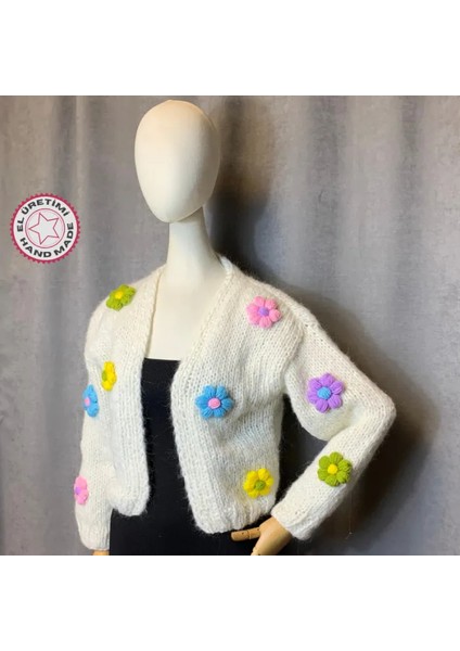 El Örgüsü Moher Ip Renkli Çiçekli Crop Kadın Hırka - 36 / 40