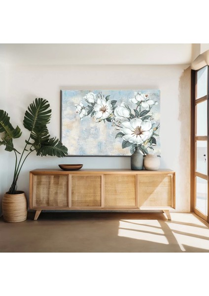 Beyaz Yapraklı Çiçekler Kanvas Tablo