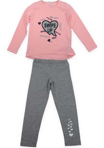 Kalp Baskılı Kız Taytlı Takım