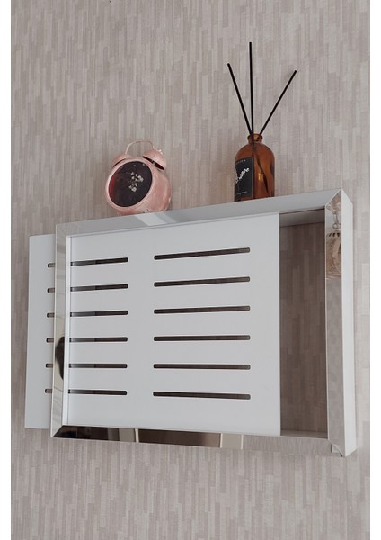 Beyaz-Gümüş 25 x 35 x 7 cm Izgaralı Duvara Asılabilir Sigorta ve Modem-Wifi Saklama Kutusu! Saklama Kutusu