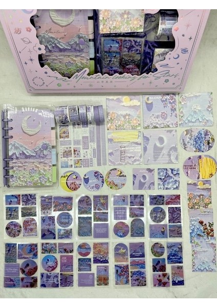 Doğa Temalı Yağlı Boya Mor Dopdolu Muhteşem Binder Defter Hediye Set/ Kutu Set / Notebook/bullet Journal