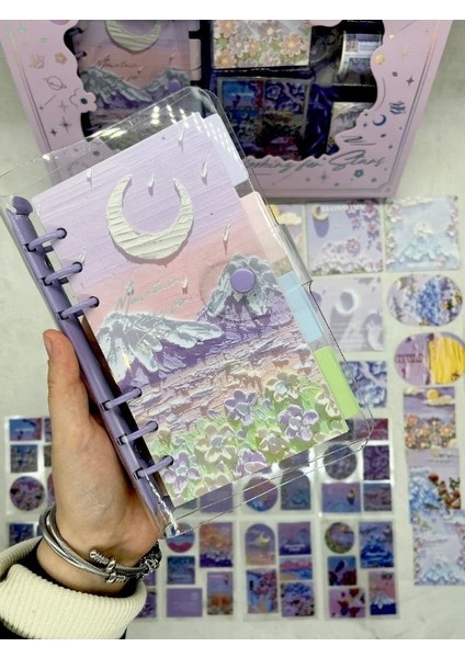 Doğa Temalı Yağlı Boya Mor Dopdolu Muhteşem Binder Defter Hediye Set/ Kutu Set / Notebook/bullet Journal