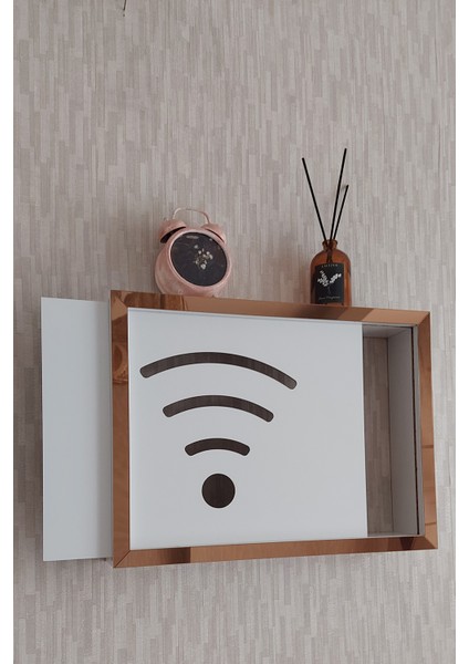 Beyaz-Bronz 25 x 35 x 7 cm Wifi Amblemli Duvara Asılabilir Sigorta ve Modem-Wifi Saklama Kutusu! Saklama Kutusu