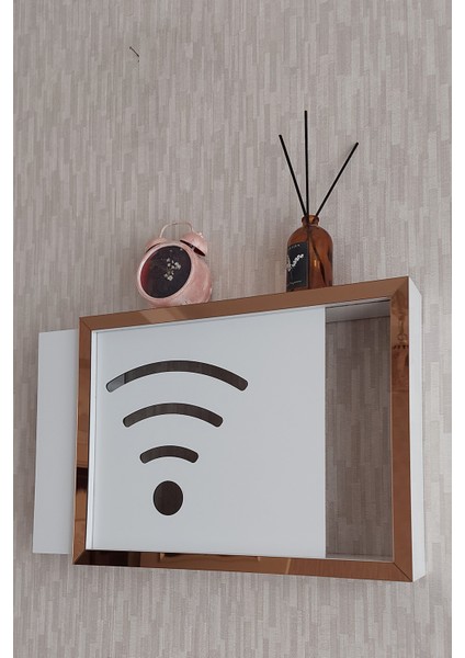 Beyaz-Bronz 25 x 35 x 7 cm Wifi Amblemli Duvara Asılabilir Sigorta ve Modem-Wifi Saklama Kutusu! Saklama Kutusu