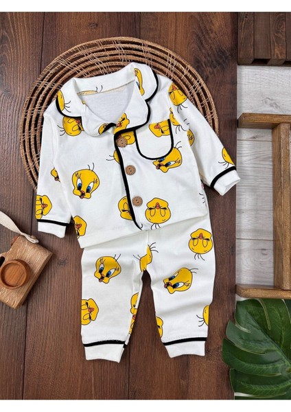Vavbaby Pamuk Kruvaze Yaka Önden Düğmeli Tweety Mevsimlik Bebek Pijama Takım (Ay)