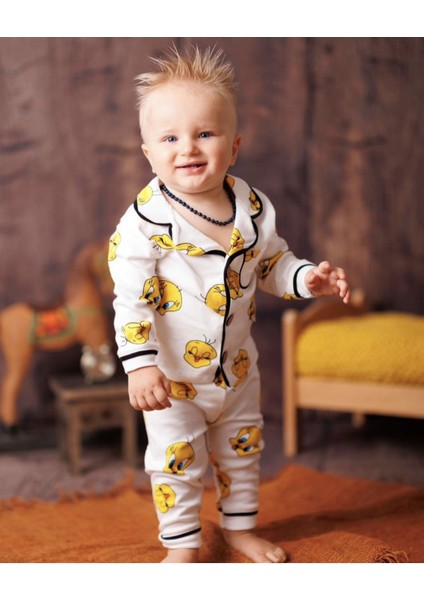 Vavbaby Pamuk Kruvaze Yaka Önden Düğmeli Tweety Mevsimlik Bebek Pijama Takım (Ay) fiyatları