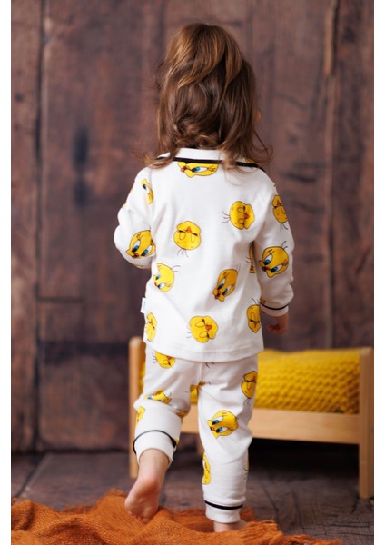 Vavbaby Pamuk Kruvaze Yaka Önden Düğmeli Tweety Mevsimlik Bebek Pijama Takım (Ay) modelleri