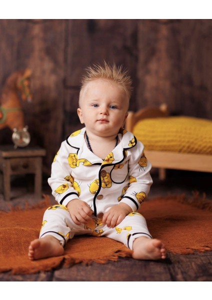 Vavbaby Pamuk Kruvaze Yaka Önden Düğmeli Tweety Mevsimlik Bebek Pijama Takım (Ay) fırsatları