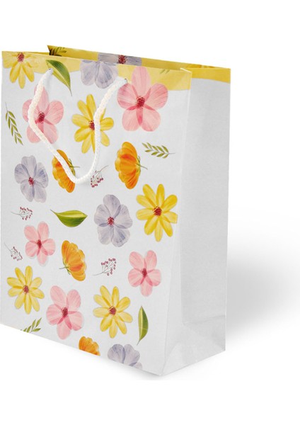 25X30X9 Ip Saplı Çiçek Desenli Karton Çanta 2 Adet