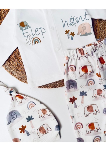 Erkek Bebek Önden Çıtçıtlı Elephant Fil Desenli Beyaz Alt Üst Takım