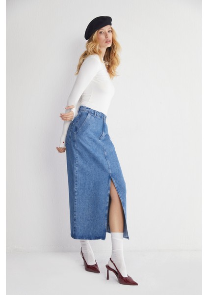 Yüksek Bel Yırtmaçlı Denim Etek