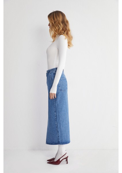 Yüksek Bel Yırtmaçlı Denim Etek